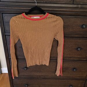 Zara Brown Ribbed Top with Red Trim